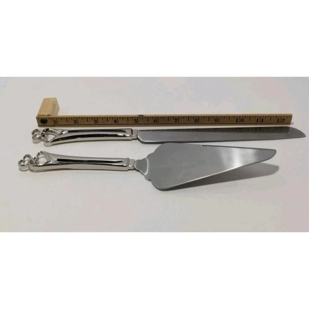 Wedding Promises Cake Knife & Server Set - Double Heart Design - Stainless Steel